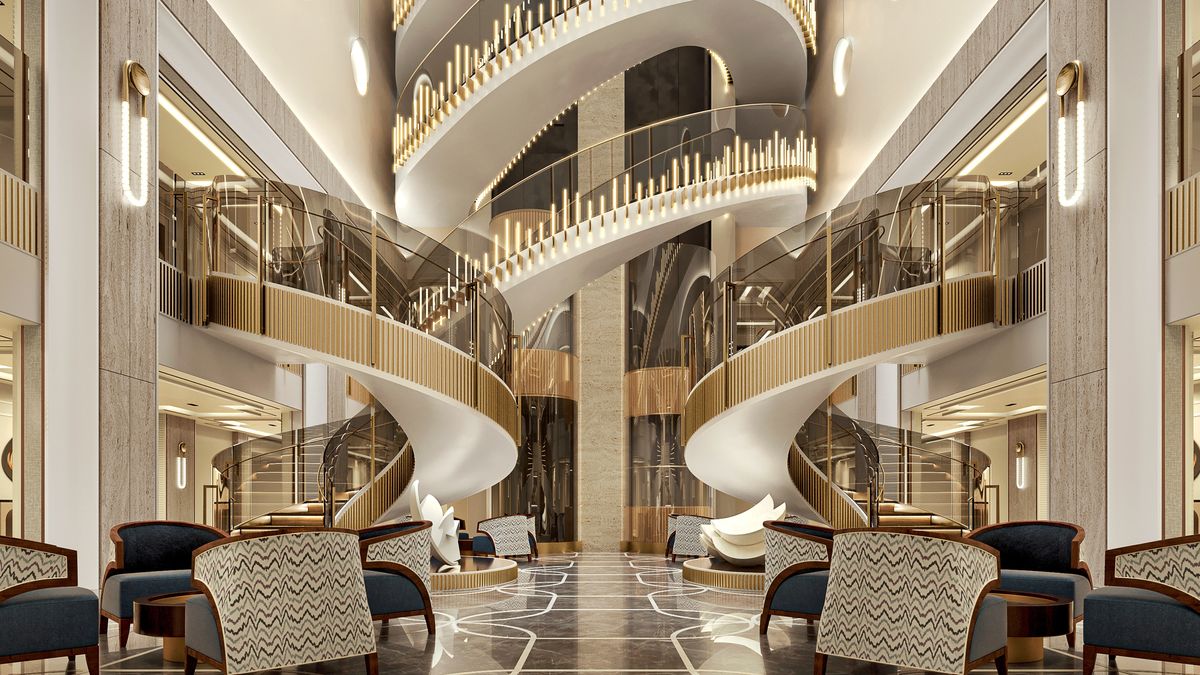 Starlight Atrium en Seven Seas Prestige. Un espacio iluminado por un techo de vidrio que permite que la luz del sol y la luz de las estrellas adornen el sitio. 