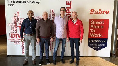 Roshan Mendis, vicepresidente y CCO de Sabre Travel Solutions; Kurt Ekert, presidente de Sabre; Guillermo Prosper, vicepresidente de Cuentas por Cobrar y gerente General de Sabre Uruguay; y Sean Menke, CEO de Sabre Corp