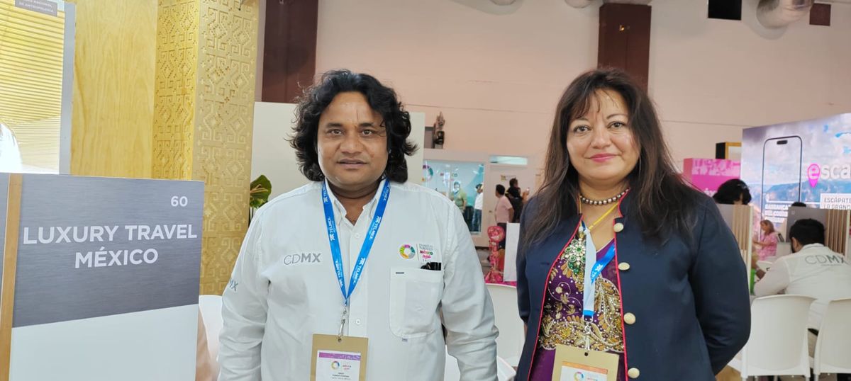 Vinay Kumar Sharma y Carmen Morgana, directivos de Luxury Travel México en el Tianguis Turístico.