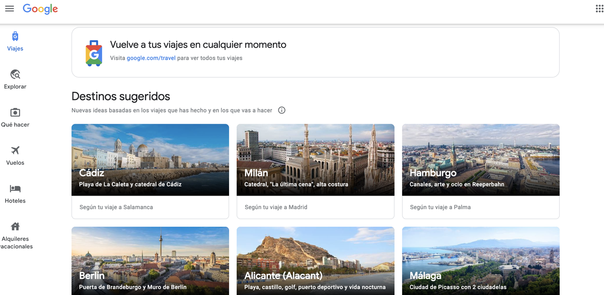 Destinos sugeridos de Google