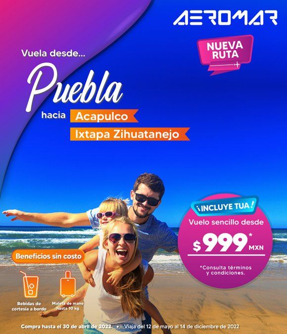 A partir del 12 de mayo, Aeromar conectará directamente a Puebla con Ixtapa Zihuatanejo y Acapulco.