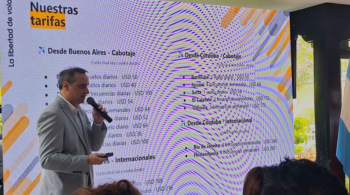 Javier Soto, gerente comercial de Flybondi, durante su exposición. Javier Soto, gerente comercial de Flybondi, durante su exposición.