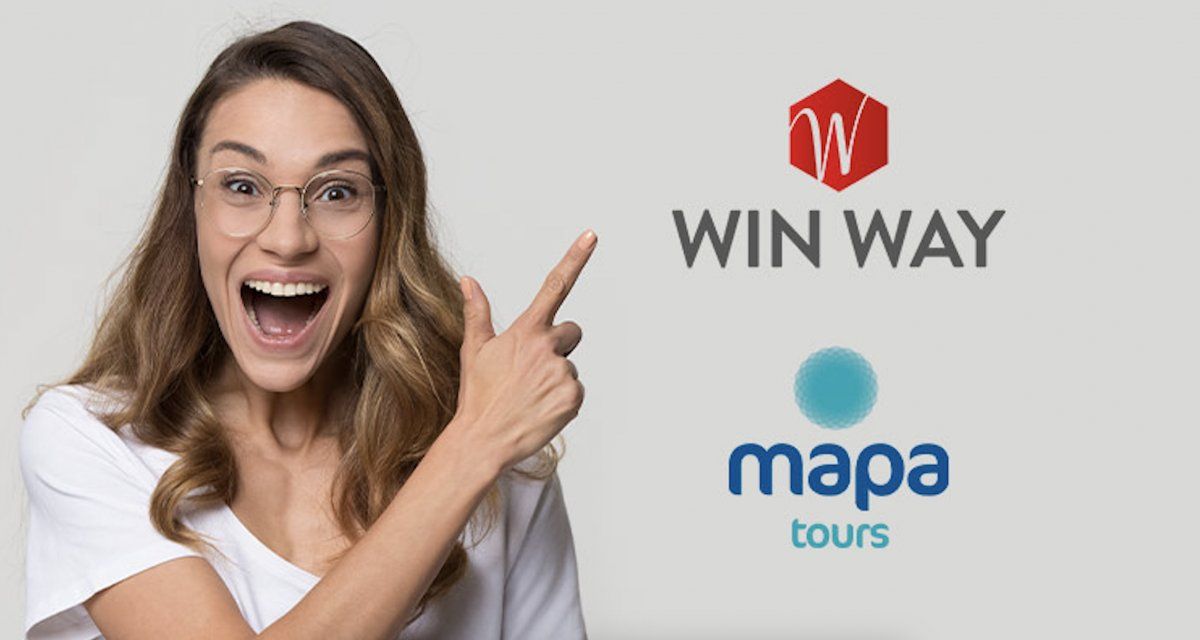 Cartel promocional de la alianza entre MapaTours y Win Way