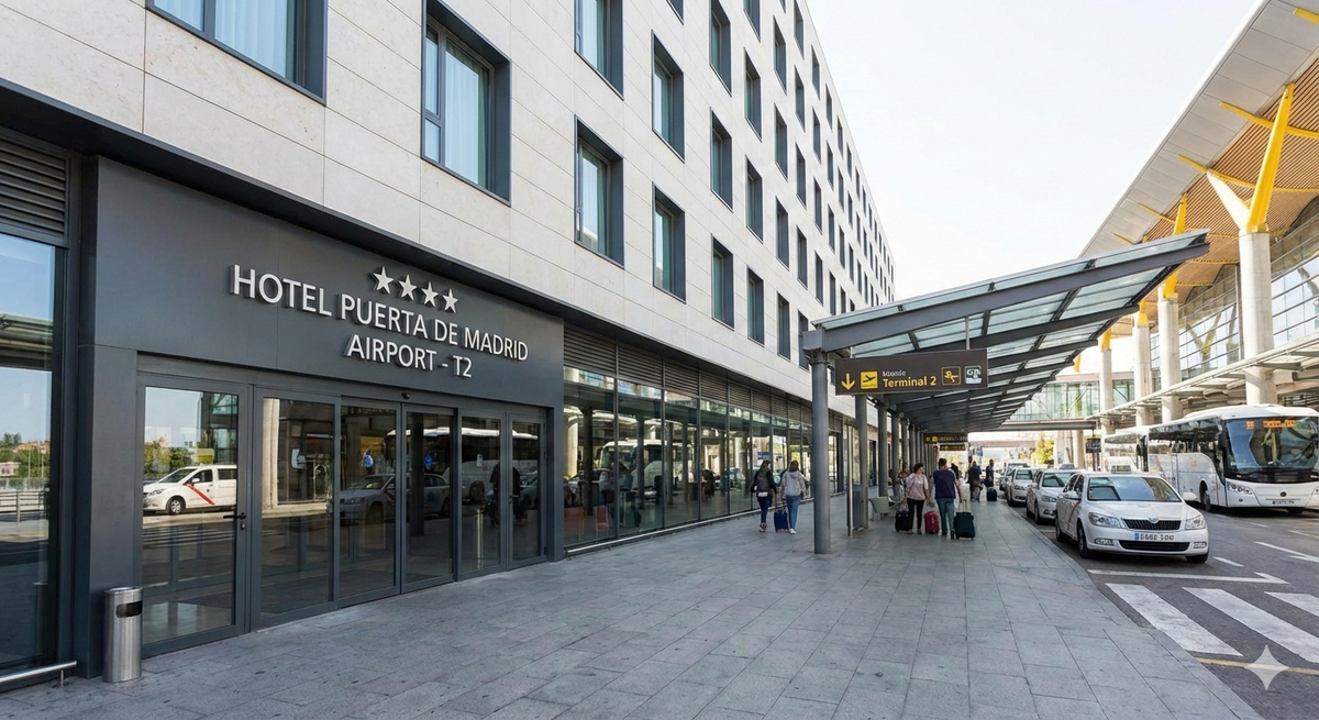 Imagen de uno de los hoteles de cuatro estrellas en la T2 del aeropuerto Adolfo Suárez Madrid Barajas, creada con IA en base al proyecto de Aena.