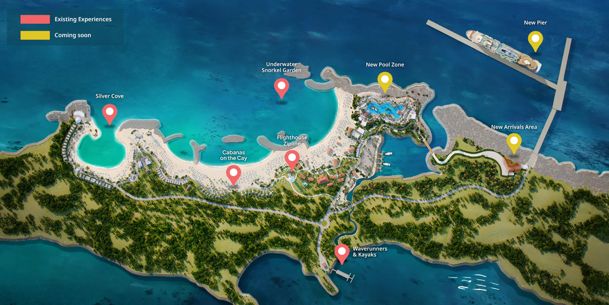 El mapa de Great Stirrup Cay muestra la ubicación de las nuevas obras y las atracciones ya existentes.