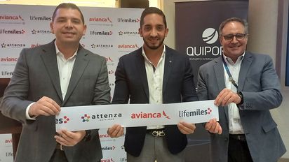 Carlo Quintavalle, director comercial de Attenza; Juan Francisco Ortiz, country officer de Avianca en Ecuador; y Ramón Miró, presidente y director general de Quiport.&nbsp;