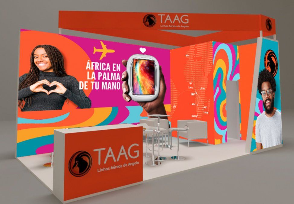 Render del stand de TAAG Angola Airlines en Fitur 2023.