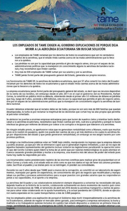 Comunicado de empleados de TAME - Ladevi Medios y Soluciones Comunicado de empleados de TAME