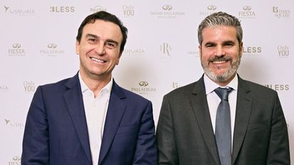 El presidente y CEO de Palladium Hotel Group, respectivamente, Abel Matutes Prats y Jesús Sobrino, presentaron las novedades de la compañía en Fitur 2024.