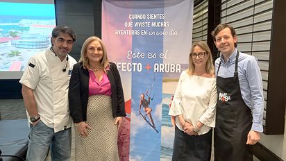 El chef Chris Carpentier; Magali Guzmán, gerente general de ECO DMS Aruba; Claudia Delgado, representante comercial de la Autoridad de Turismo de Aruba; y Jordan Schlipken, director de la Autoridad de Turismo de Aruba.