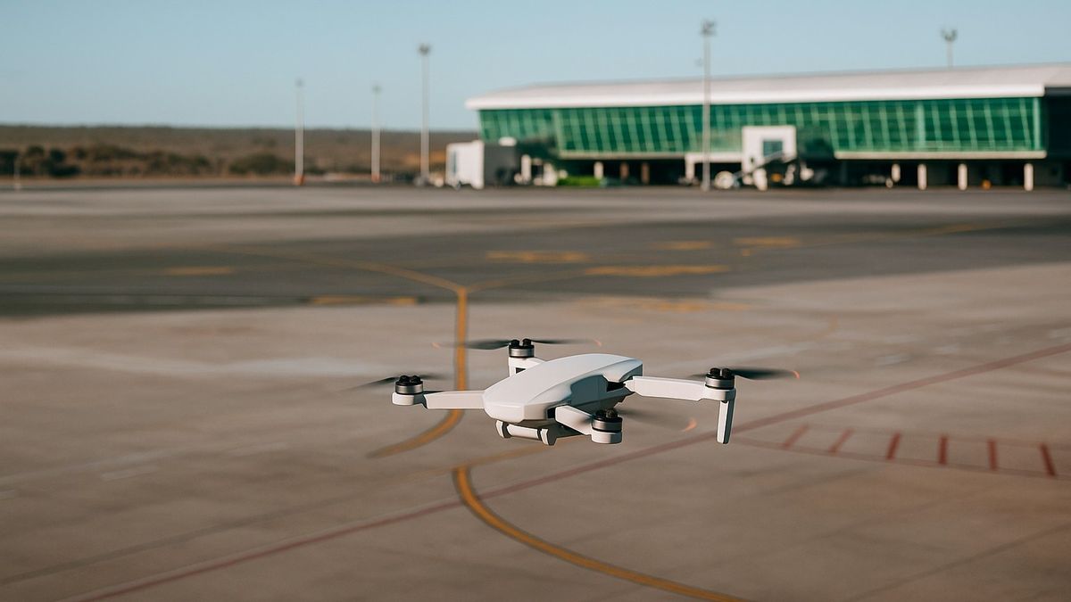 Un drone sobrevolando una pista de un aeropuerto.