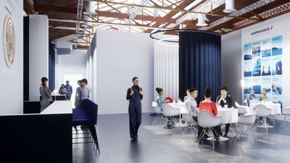 Render del Restaurante Air France, tras los muros del Palais de Tokyo, en París.