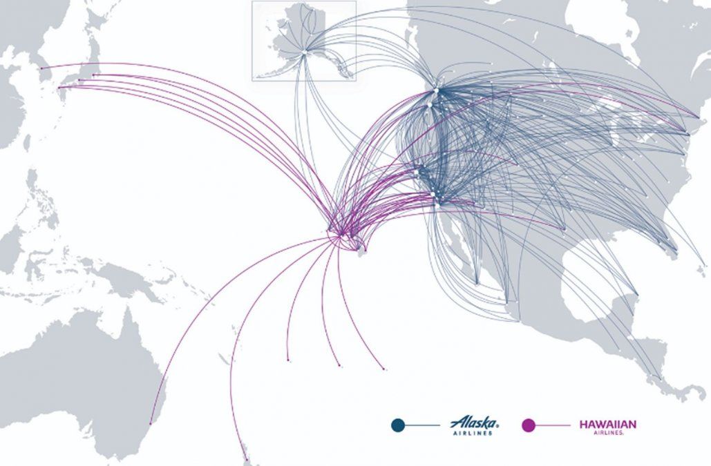 El mapa combinado de rutas de Alaska Airlines y Hawaiian Airlines.
