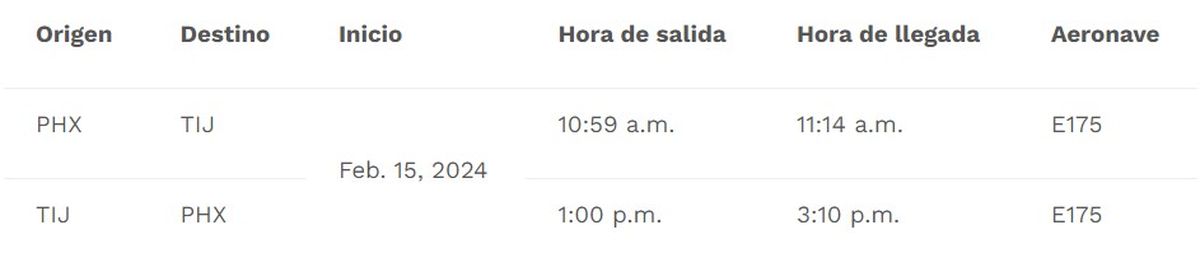 Horarios de los nuevos vuelos de American Airlines entre Tijuana y Phoenix, Estados Unidos.