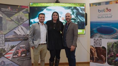 David Aguilar, ejecutivo de Cuenta de Belice, Karen Pereira, gerente de Travel Depot y Alejandro Buitrago, líder de Cuenta de Belice.&nbsp;