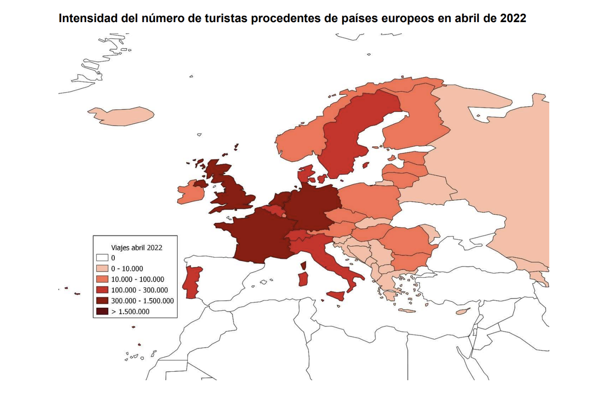 Intensidad del n&uacute;mero de turistas procedentes de pa&iacute;ses europeos en abril de 2022