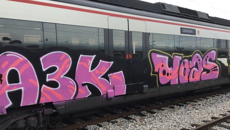 Trenes de Renfe vandalizados con grafitis.