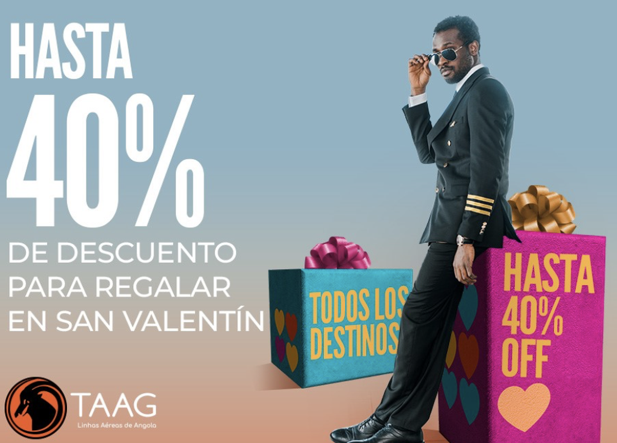 Cartel publicitario de la campaña de descuentos de TAAG Angola Arilines en España.