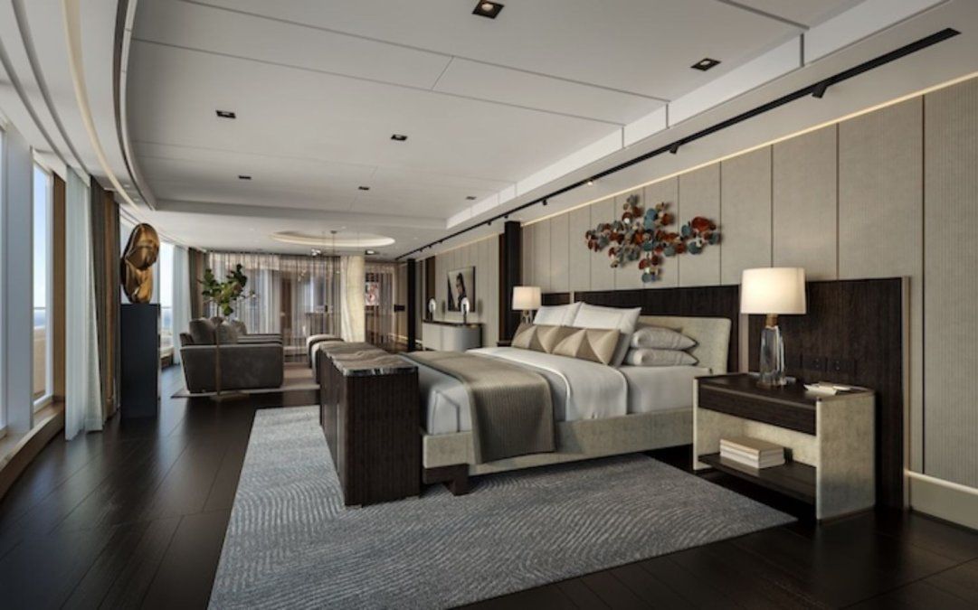 El nivel superior de la Skyview Regent Suite, de Regent Seven Seas, ubica al dormitorio El nivel superior de la Skyview Regent Suite, de Regent Seven Seas, ubica al dormitorio