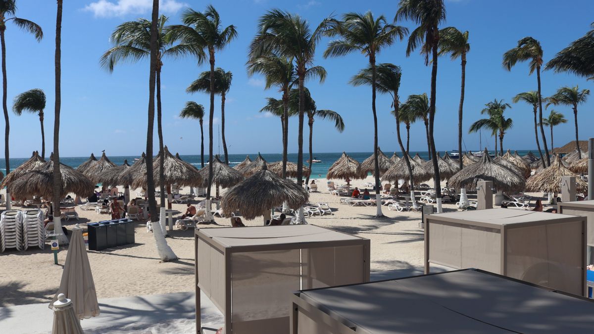 Zona de playa y tumbonas frente a RIU Palace Aruba.