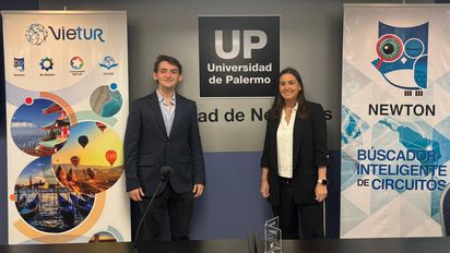 Vanesa Crupnicoff y Agustín Koatz, representantes del equipo de Vietur, en la tercera edición de Eduvie Academia en la Universidad de Palermo.&nbsp;