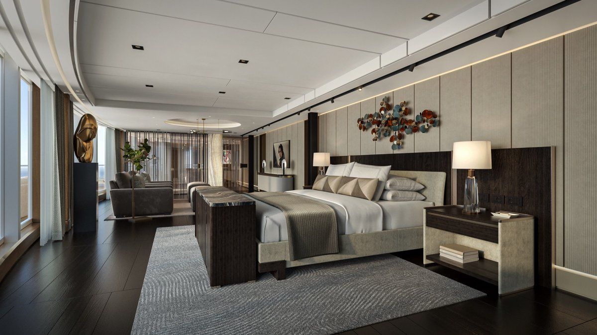 Cruceros: la planta alta de la suite está dedicada íntegramente al dormitorio, el baño y el vestidor.