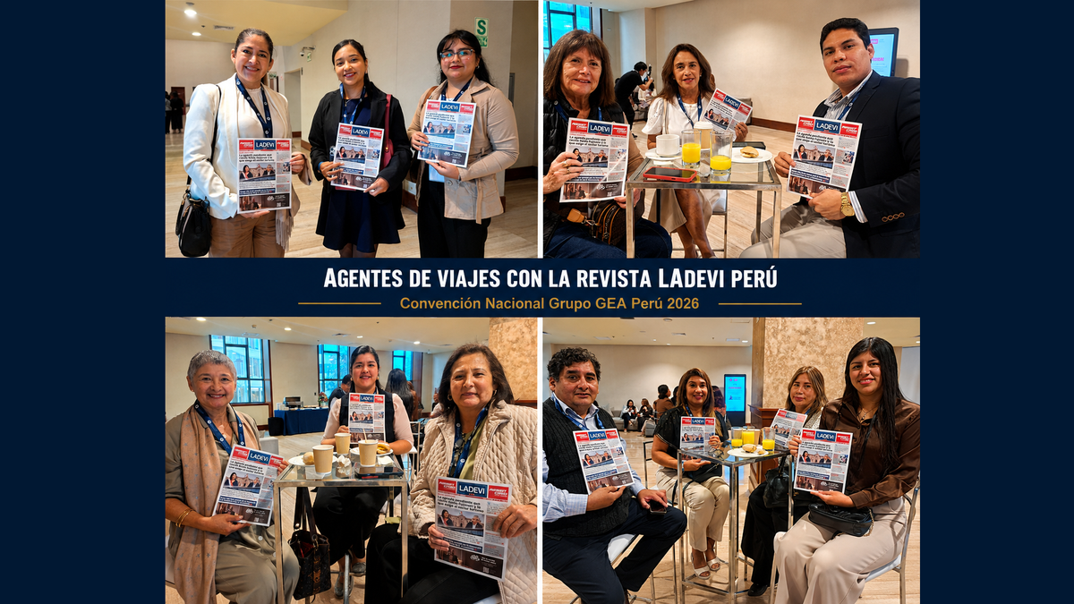 Agentes de viajes con la revista Ladevi Perú en la ConvenciónNacional Grupo GEA 2026.