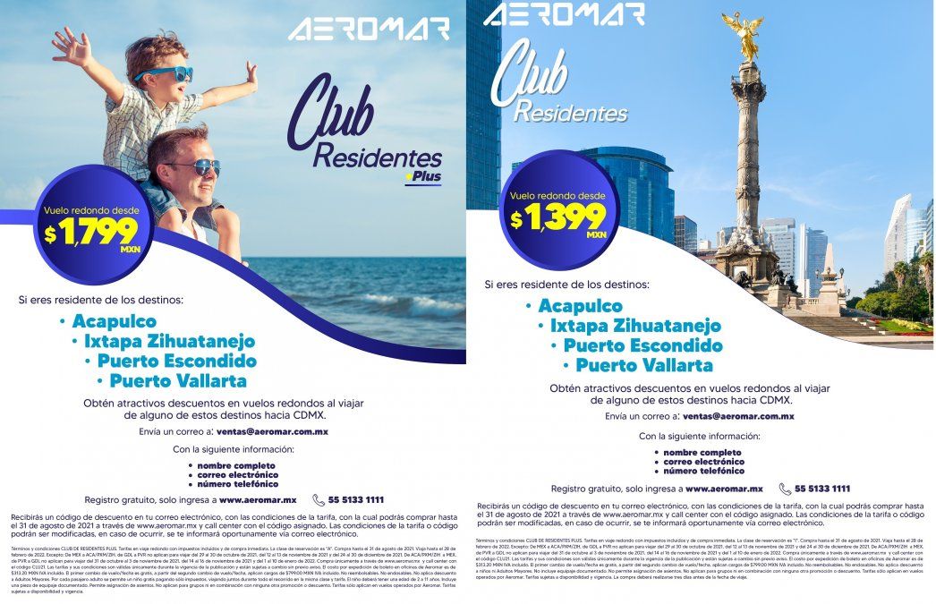 Las tarifas de Club de Residentes y Club de Residentes Plus de Aeromar.