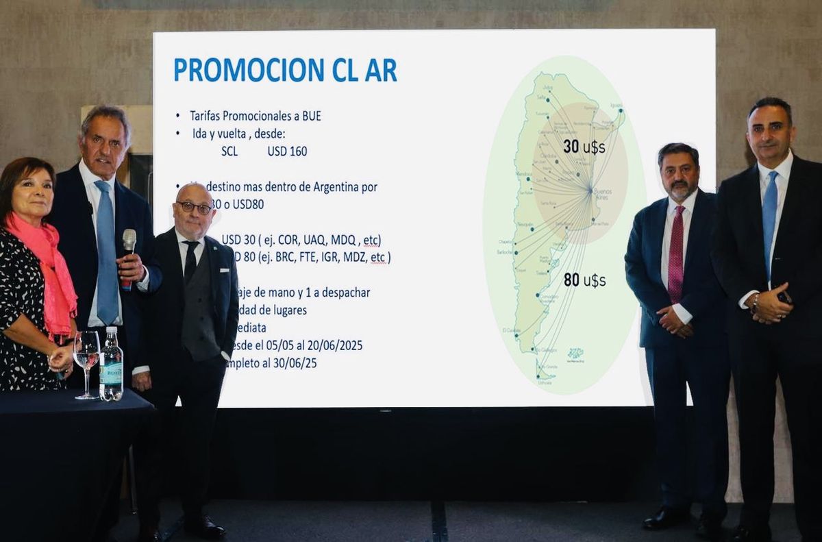 La Gerente de Ventas de Aerolíneas Argentinas en Chile, Juana Delgado junto a el Secretario de Turismo, Ambiente y Deporte de Argentina, Daniel Scioli; el Embajador de Argentina en Chile, Jorge Faurie; el Presidente del Ente de turismo y cultura de Mar del Plata, Bernardo Martin; y el presidente de la CAT, Gustavo Hani. 