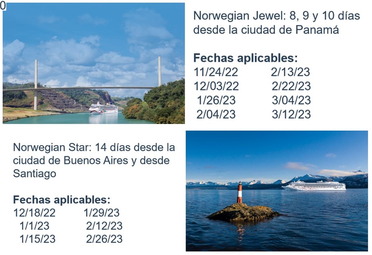 Norwegian Cruise Line: salidas que aplican a la bonificación para nuevas reservas.  