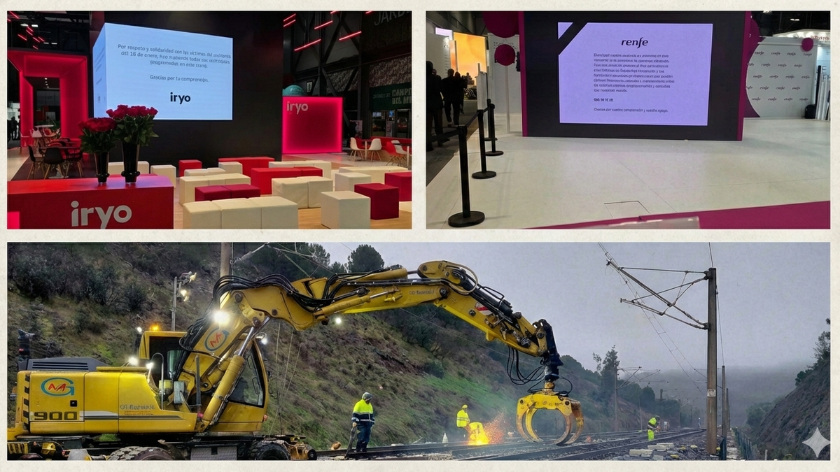 Los stands de Renfe e Iryo vacíos en Fitur y los operarios trabajando tras el accidente de tren en Adamuz