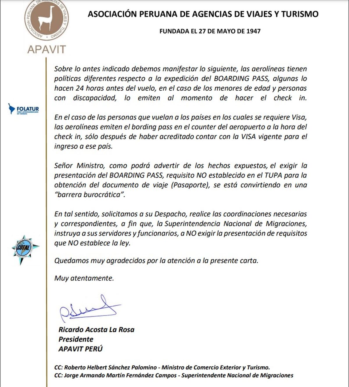 Segunda parte de la carta enviada por Apavit al Ministerio del Interior tras el caos que se vivi&oacute; en Migraciones del Aeropuerto Internacional Jorge Ch&aacute;vez, en la solicitud de pasaportes.