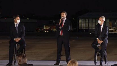 Martín Eurnekian, Matías Lammens y Mario Meoni hoy en el Aeroparque Jorge Newbery.