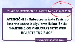 La licitación de la Subsecretaría de Turismo estará abierta hasta el 16 de agosto de 2022.