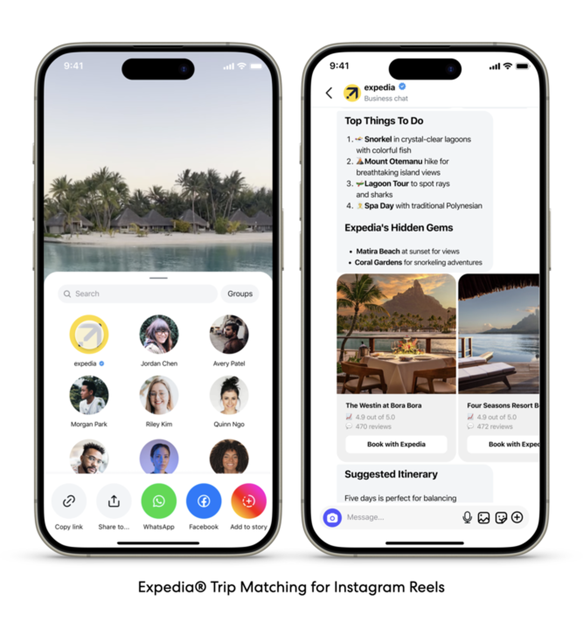 Con Expedia Trip Matching, los viajeros podr&aacute;n compartir cualquier reel relacionado con viajes directamente con Expedia y recibir itinerarios personalizados, ideas de destinos y consejos de viaje basados en el reel.
