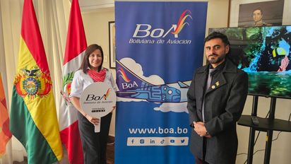 Carol Chuyes, responsable de promoción de ventas regional Perú de BoA; y Jorge Jayo, gerente general de Simple Bolivia Travel.
