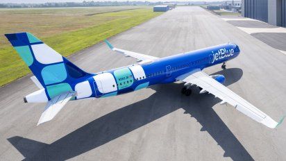 Uno de los Airbus A321XLR de JetBlue, con el que la compañía vuela a Barcelona