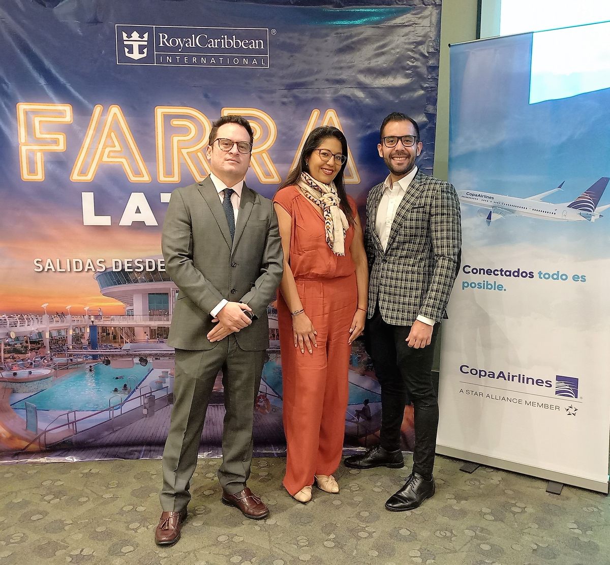 Directivos de Royal Caribbean Ecuador (Juan José Maya y Jean Malavé) y; Catherine Arellano, ejecutiva de ventas de Copa Airlines. - Ladevi Medios y Soluciones Directivos de Royal Caribbean Ecuador (Juan José Maya y Jean Malavé) y; Catherine Arellano, ejecutiva de ventas de Copa Airlines.