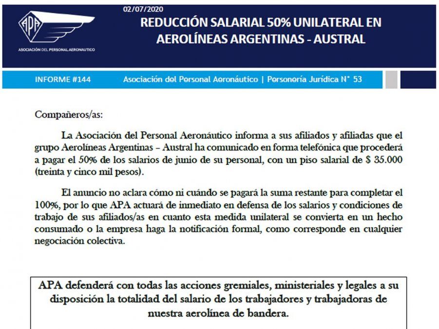 Comunicado Asociación del Personal Aeronáutico.