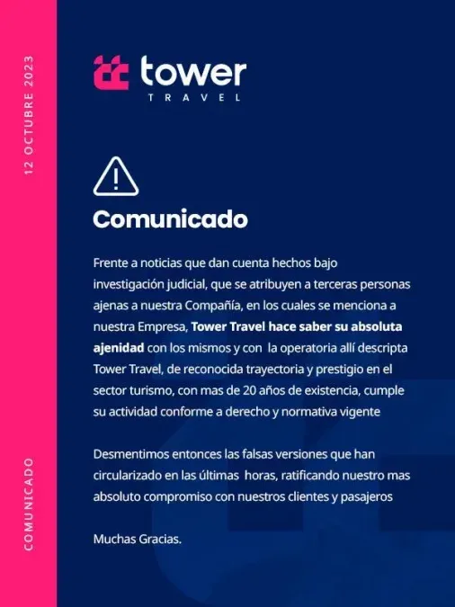 El comunicado de Tower Travel desmiento vinculación con Nimbus Group.