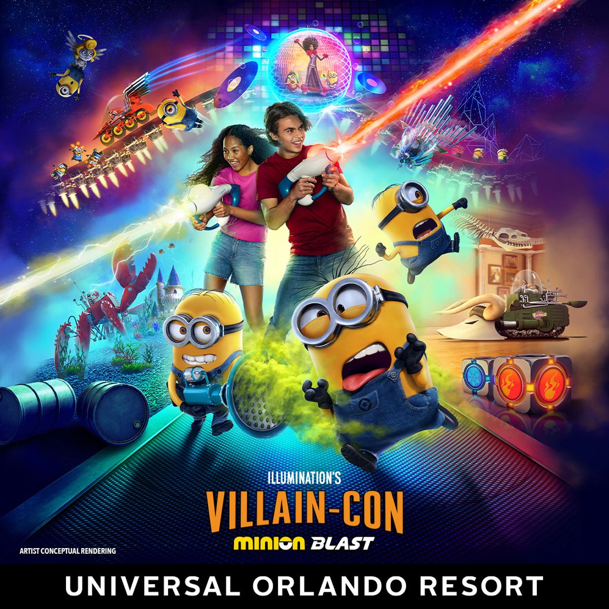 Illumination’s Villain-Con Minion Blast, la nueva atracción en Universal Studios Florida, pone a prueba sus habilidades de villano en una experiencia de juego interactiva.