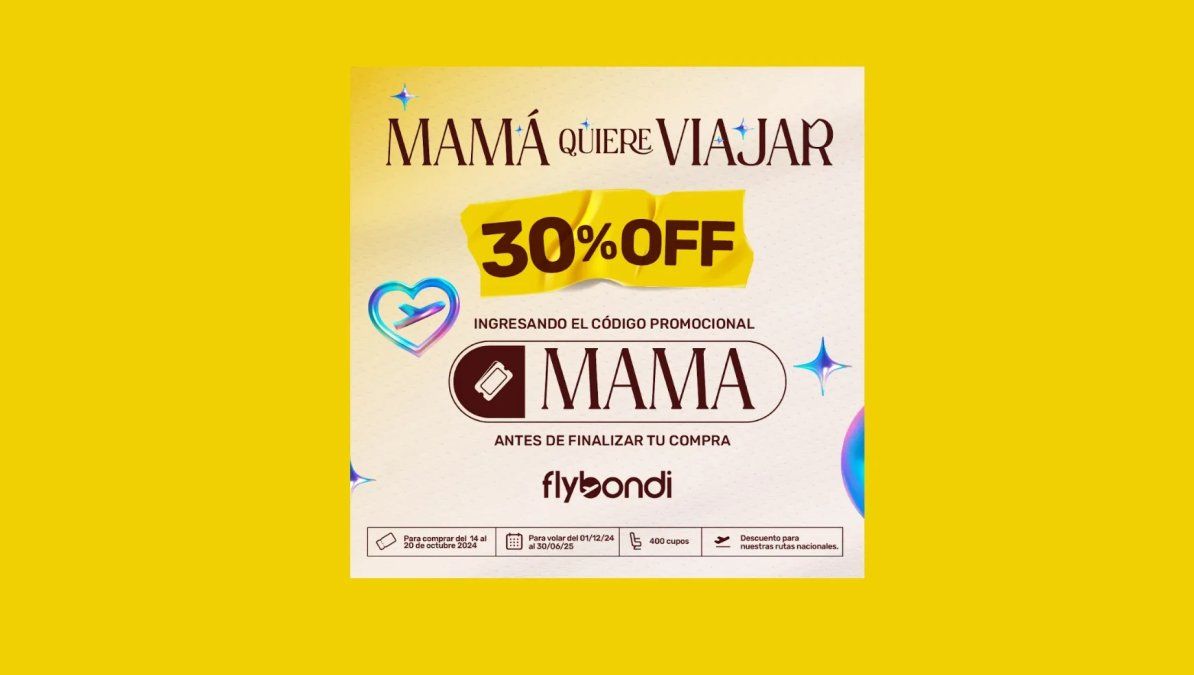 El descuento por el Día de la Madre permite hasta 30% de descuento en vuelos nacionales y un 20% de descuento en vuelos a Brasil. El descuento por el Día de la Madre permite hasta 30% de descuento en vuelos nacionales y un 20% de descuento en vuelos a Brasil.