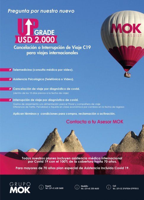 Grupo Mok Colombia presentó los beneficios de cancelación o interrupción de viajes del Up Grade Covid 19.