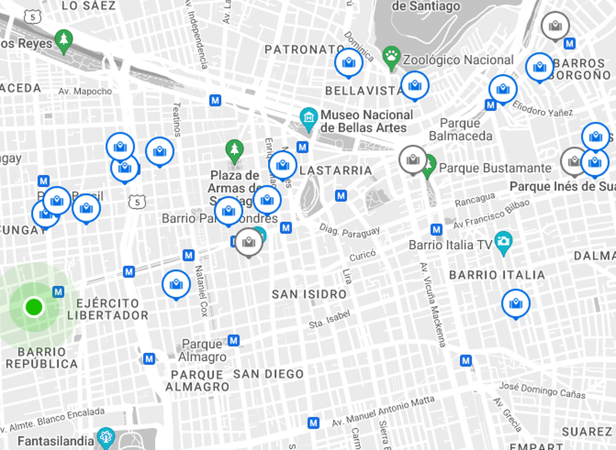 Mapa de puntos de disponibilidad de Stasher en Santiago.
