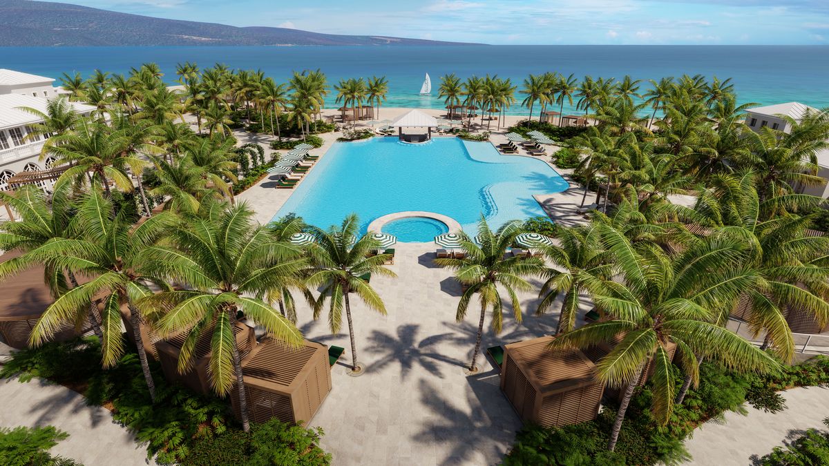 Representaci&oacute;n de vista a&eacute;rea de la piscina principal de Sandals South Cost, rodeada por exuberantes palmeras y vegetaci&oacute;n tropical.