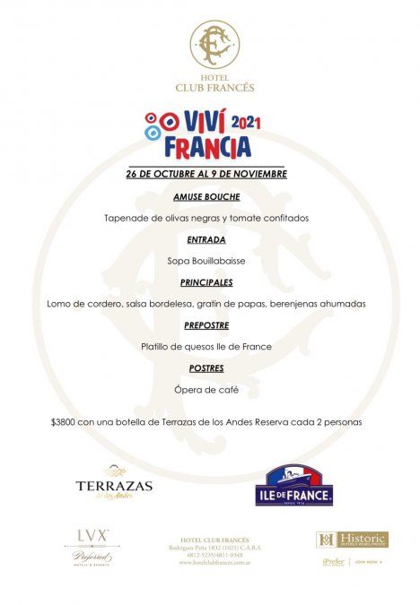 Menú del "Viví Francia" del restaurante del Hotel Club Francés.