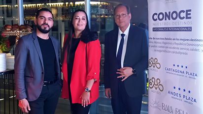 El wedding planner Andrés Arciniegas; Ginella Medina, nueva gerente comercial de EM Hotels; y Gustavo Pinedo, gerente saliente.&nbsp;