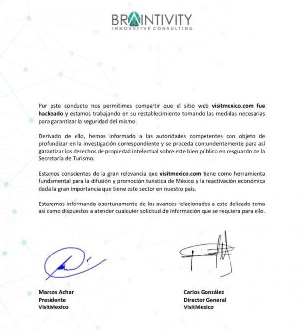 Braintivity S.A. de C.V. inform&oacute; sobre la suspensi&oacute;n de la plataforma Visit M&eacute;xico.&nbsp;