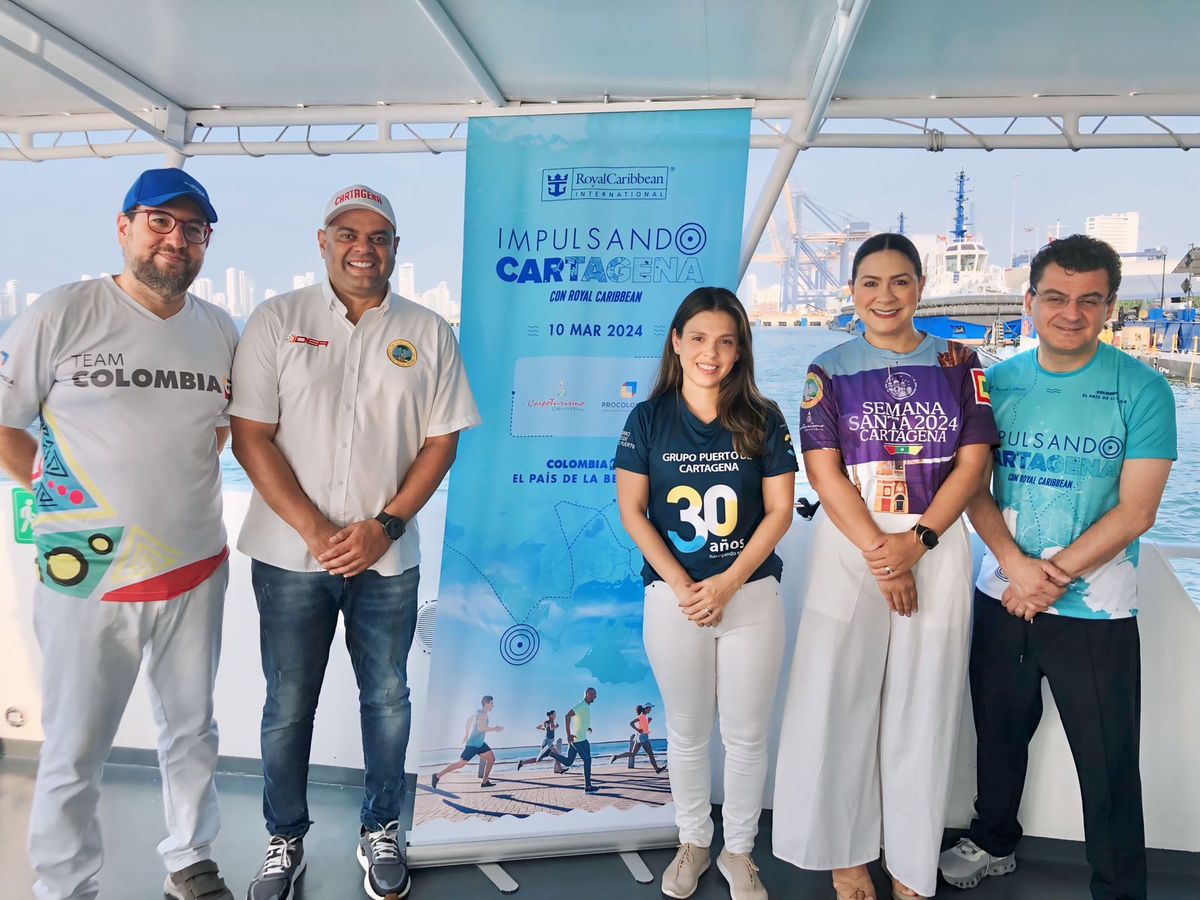 Francisco Vergara, director Oficina Regional Cartagena de Indias ProColombia; Campo Elías Therán, director del Instituto Distrital de Deporte y Recreación (IDER); María Emilia Bonillas, coordinadora Terminal de Cruceros, Puerto de Cartagena; Liliana Rodríguez, presidente ejecutiva de la Corporación Turismo Cartagena de Indias (Corpoturismo); y Alberto Muñoz, vicepresidente de Ventas para Latinoamérica y el Caribe de Royal Caribbean.