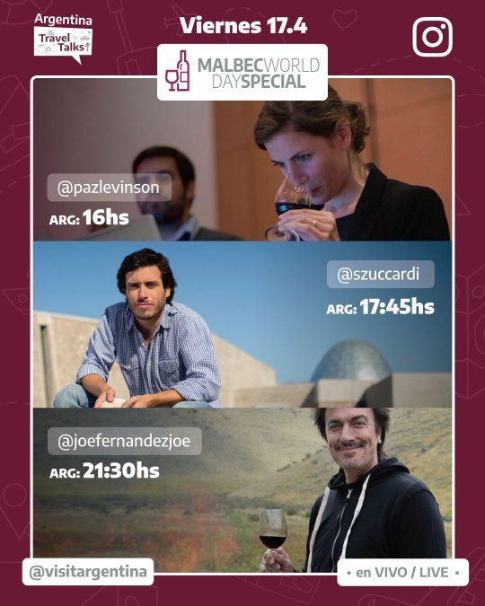 Paz Levinson, Sebastián Zuccardi y Joe Fernández, a las 16, 17.45 y 21.30, respectivamente, compartirán sus historias alrededor del vino.